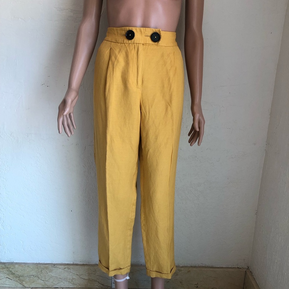 Calvin Klein Linen Blend High-Waist Mustard Yellow Trousers Pants Women’s 10